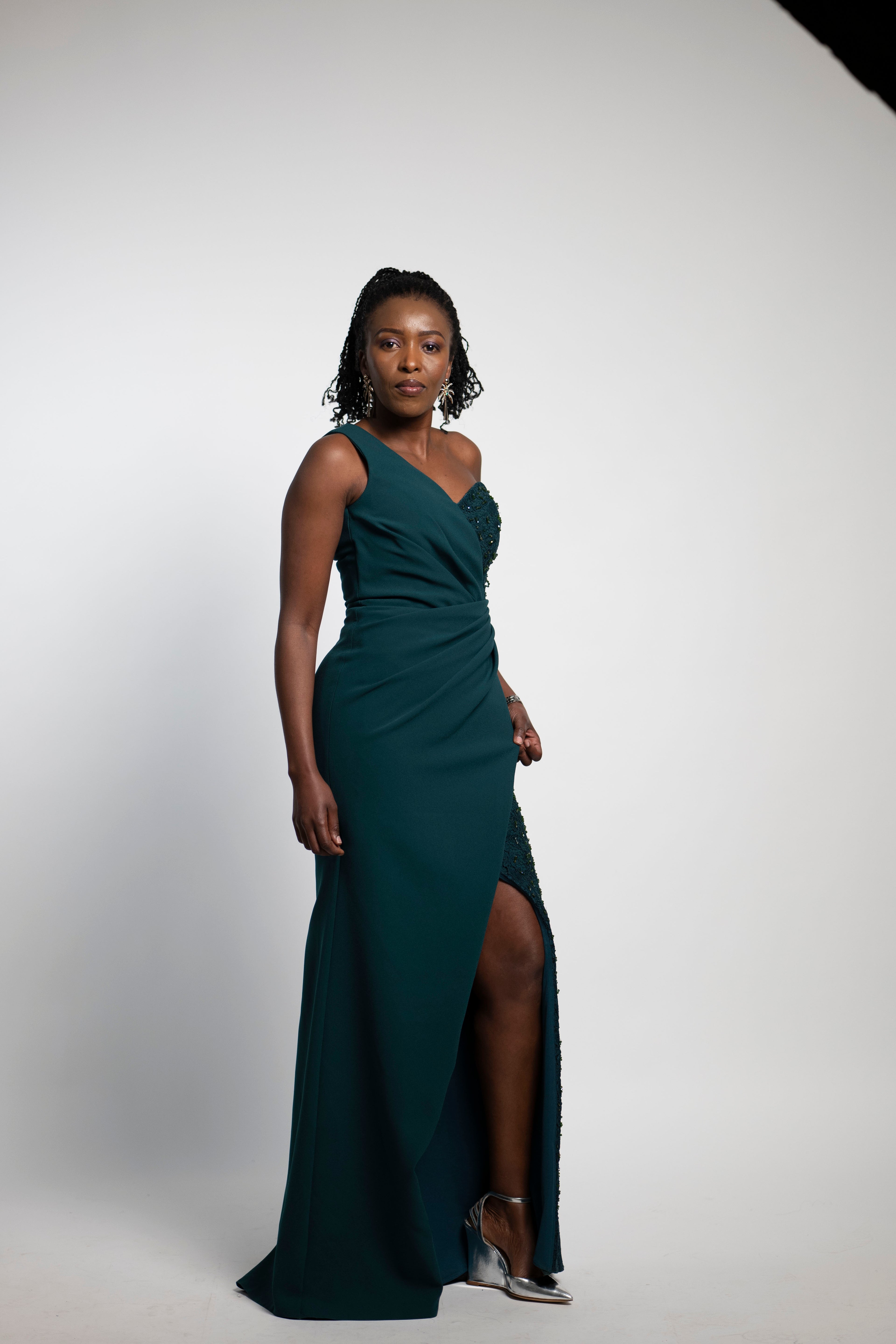 Robe de soirée longue asymétrique vert émeraude