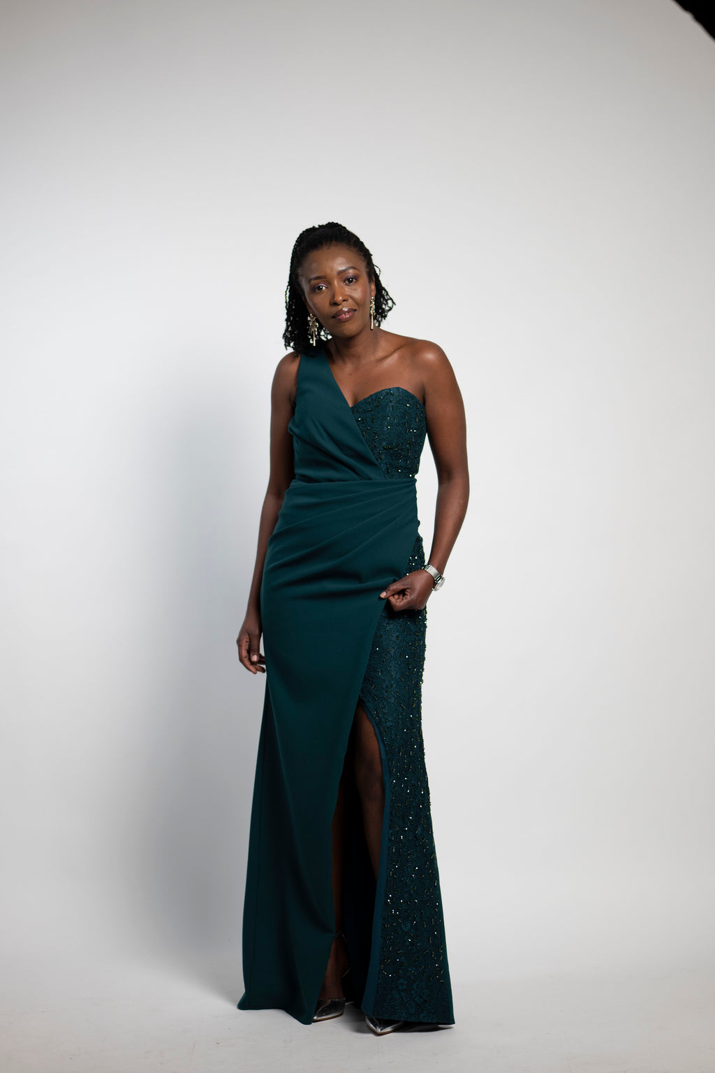 Robe de soirée longue asymétrique vert émeraude